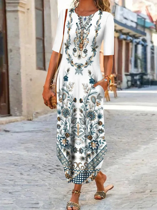 Crew Neck Casual Floral Printed Dresses
